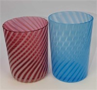 2 Cranberry & Blue Swirl Art Glass Tumbler Glasses