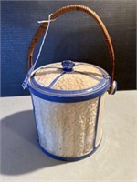VINTAGE BLUE AND WHITE BISCUIT JAR WITH WOVEN