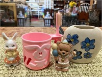 Vtg kids pink Cup thooth brush,Rabbit,Bear, vase