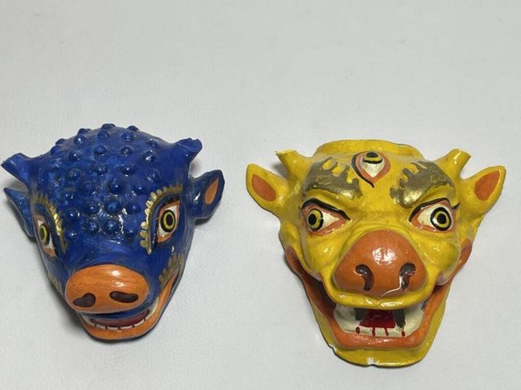 TWO VINTAGE ASIAN WALL DECOR MASKS 4.75in W x