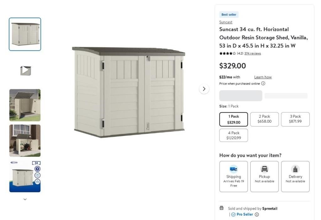 B9038  Suncast Outdoor Storage Shed, 53 in D x 45.
