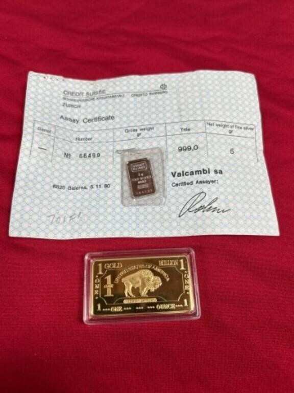 Gold plated metal bar, marked 100 mills .999 fine
