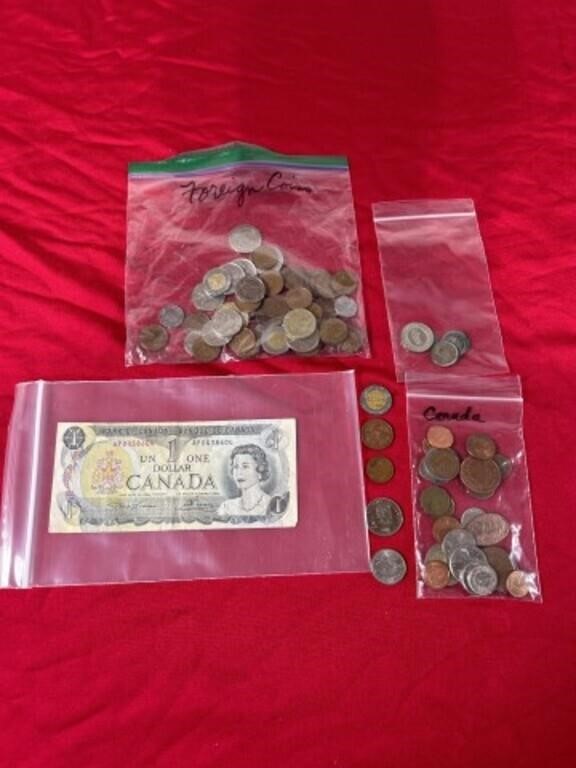 Assortment of foreign currency coins and Canadian