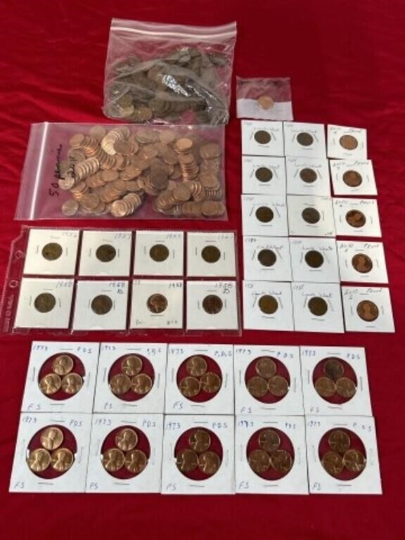 Assortment of coin pennies, vintage to modern.