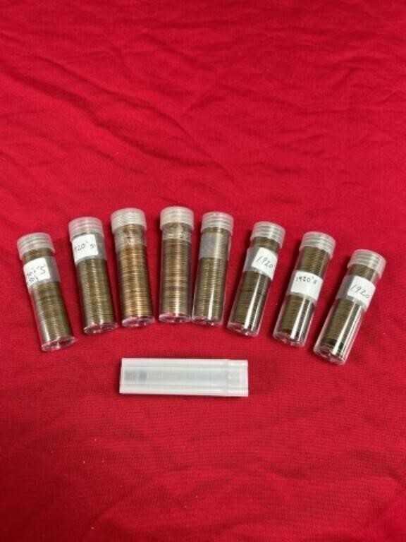 Assortment of pennies in tubes, most are from