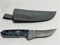 DAMASCUS STEEL KNIFE WITH LEATHER SHEATH  8in L