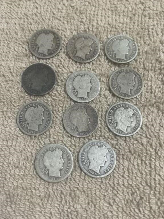 11 VERY OLD BARBER SILVER DIMES ALL OVER 100
