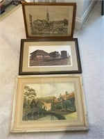 3 Framed Pictures (Incl. Train Stop, Village etc)