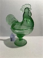 VINTAGE GREEN GLASS ROOSTER COVERED CANDY DISH
