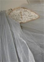 Antique Long Train Veil w/ Lace Head Band