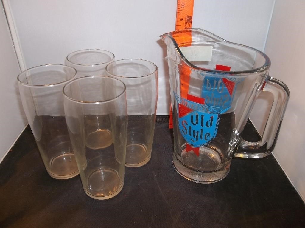 Old Style Beer Pitcher & 4 Pint Glasses