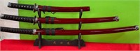 11 - SET OF 3 SAMURAI SWORDS W/ RACK