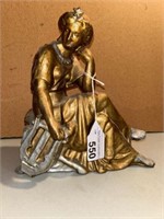 VINTAGE METAL LADY AND LYRE STATUE WITH GOLD AND