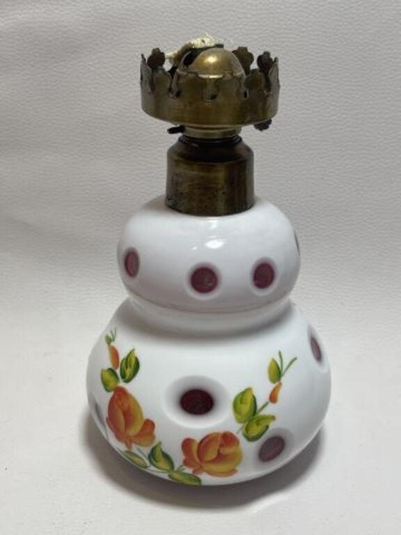 VINTAGE CUT TO RUBY RED HAND PAINTED KB OIL LAMP