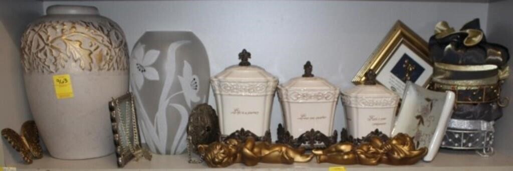 Decor lot; canister, vases, cherubs, mirrors