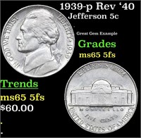 1939-p Rev '40 Jefferson Nickel 5c Grades GEM 5fs