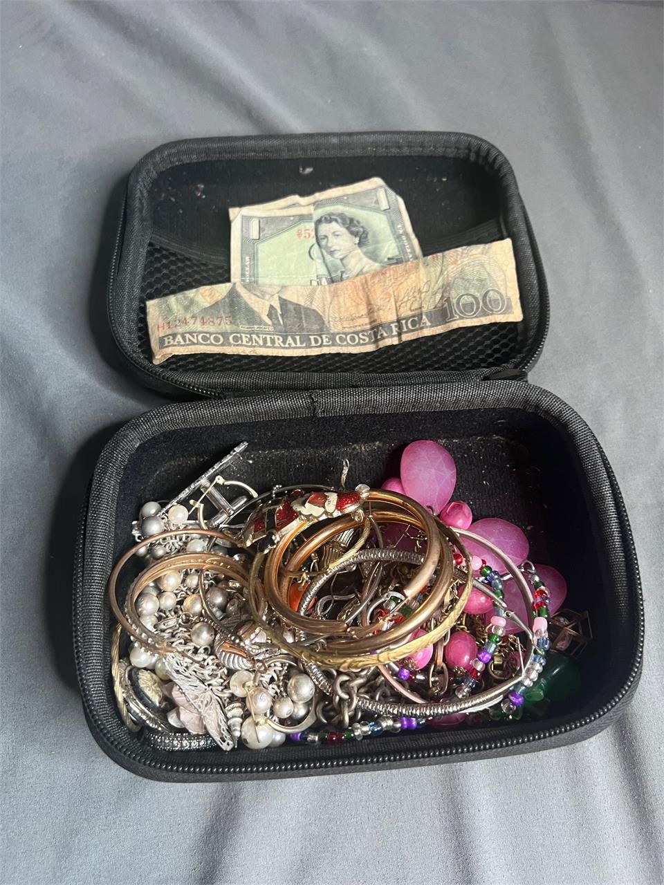 Vintage Container of Jewelry and Foreign Cash