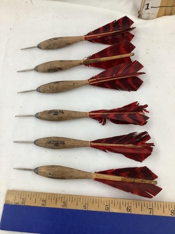 (6) Early Wooden, Metal Tip Darts w/ Feathers