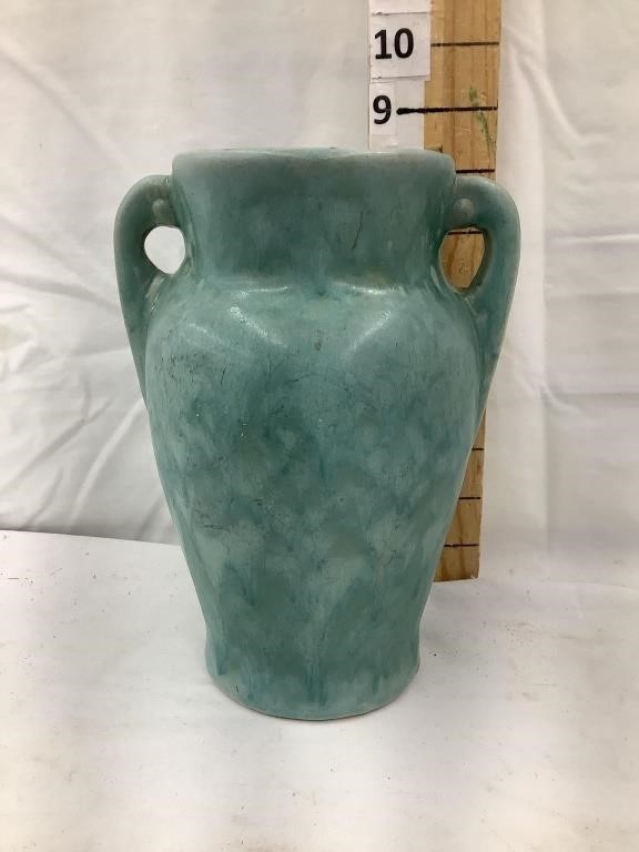 Green/Aqua Glazed 2 Handle Vase, 8”T