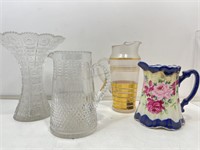 Bohemian Cut Crystal Vase and Vintage Pitchers