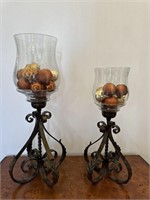 Pair ornate metal and glass vases