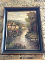 Very Large Modern Painting Village on Canal Scene,