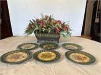 Wire planter and six decorative plates, plates