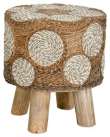 Seagrass Rattan Stool with Pinwheels and Teak Legs