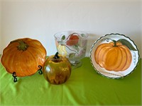 Painted Glass Compote Dish, Blown Glass Pumpkin +