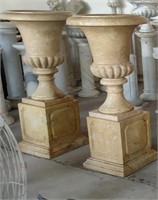 Pair Hole Stone Marble Urns on Pedestals