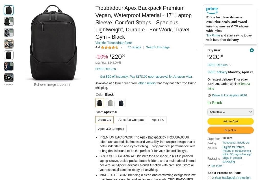 WF7656  Troubadour Apex Backpack, 17" Laptop Sleev