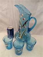 Victorian Hand Painted Pitcher 12 1/2" & 3 Glasses