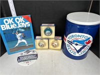 Lot: Blue Jays book, ornaments, pin, can