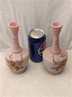 Pair Victorian Pink Satin Art Glass Vases 7 1/4"