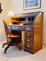Roll Top Desk, Swivel Chair & Desk Lamp