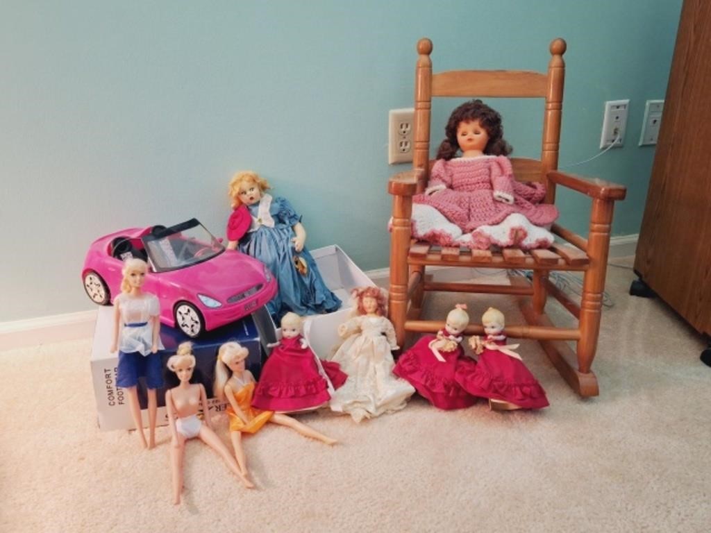 Child's Wood Rocking Chair, Barbie Car, Dolls