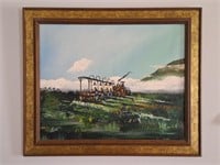 Oil Painting of Train on Canvas, Signed Sowan
