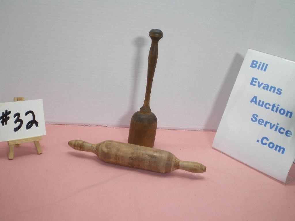 Old Wooden Utensils, Masher and Rolling Pin