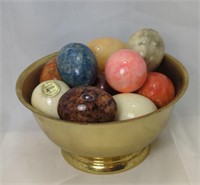 Gold Toned Bowl Full of Alabaster Eggs, Set of
