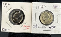 2 Jefferson Nickels 1943-S and 1962 Proof