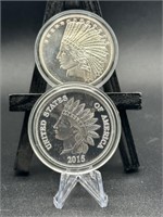2 Indian Head One Oz Silver Rounds in Capsules