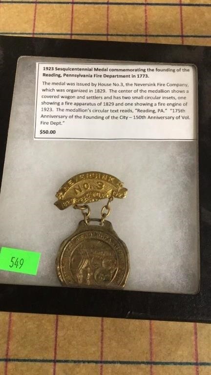 1923 sesquicentennial medal Reading PA fire dept