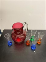 Cool cranberry style pitcher and vintage shot lot