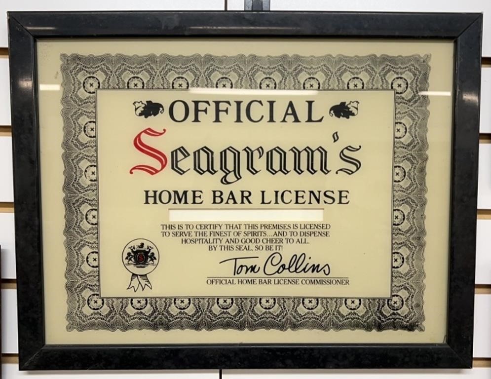 Seagram’s Bar License Framed