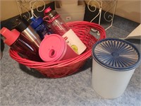 Basket w/ Water Bottles, Tupperware Container