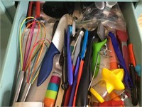 Colorful Kitchen Tool Drawer Lot Whisks Knives etc