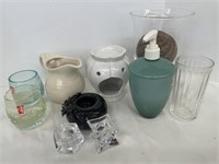 Variety of drinking glasses, candle holders,