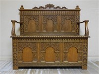 Neo Gothic Archway Carved Oak Lift Top Bench.