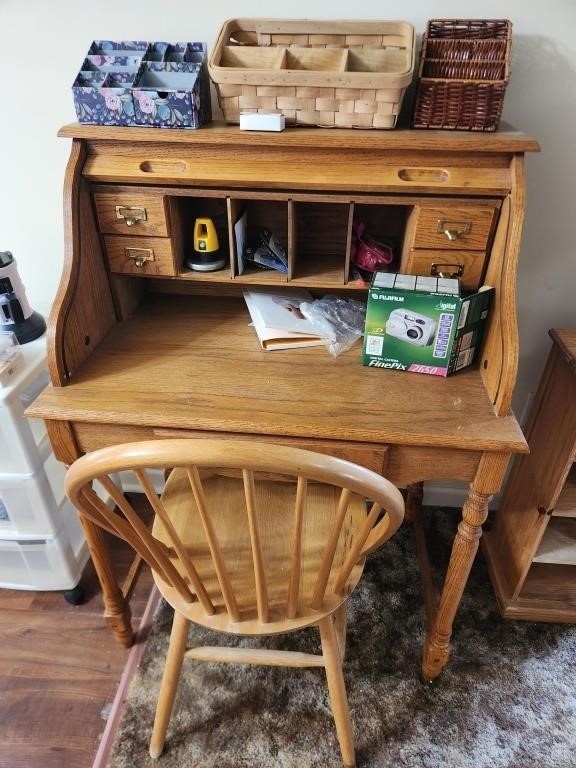 Wood Roll Top Desk w/ Contents & Chair