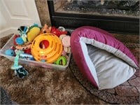 Bin Of Small Dog Toys & Dog Bed